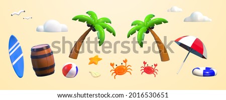 Set of realistic beach elements including palm trees, crabs, parasol etc. on yellow background