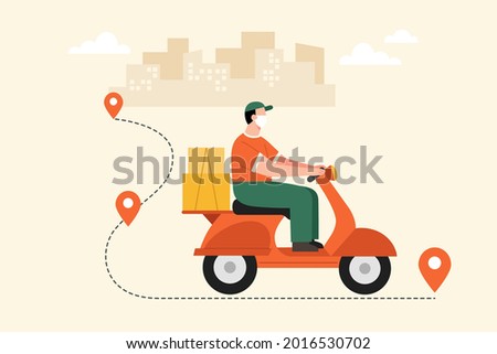 Flat illustration of courier with face mask riding scooter to deliver a package to different destinations in the city. Safe delivery concept.