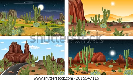 Different scenes with desert forest landscape with animals and plants illustration