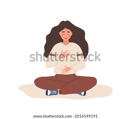 Abdominal breathing. Woman practicing belly breathing for good relaxation. Breath awareness yoga exercise. Meditation for body, mind and emotions. Spiritual practice. Flat cartoon vector illustration. Royalty-Free Stock Photo #2016549191
