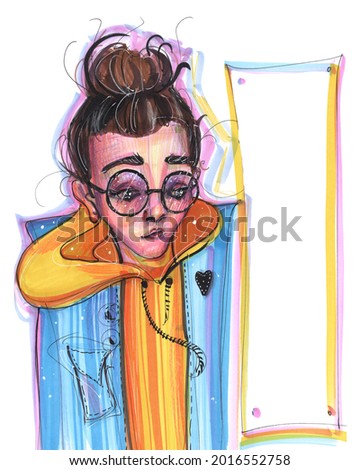 hand drawing sketch illustration girl teenager wearing glasses sad hipster trend clothes isolated on white background and place for lettering plate illumination
