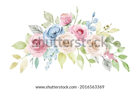 Pink and blue flower composition, watercolor floral clip art. Bouquet perfectly for printing design on invitations, cards, wall art and other. Isolated on white background. Hand painting.