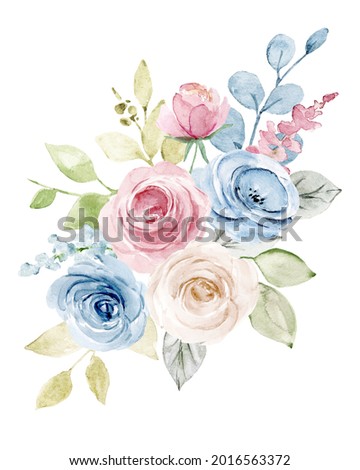 Pink and blue flower composition, watercolor floral clip art. Bouquet perfectly for printing design on invitations, cards, wall art and other. Isolated on white background. Hand painting.