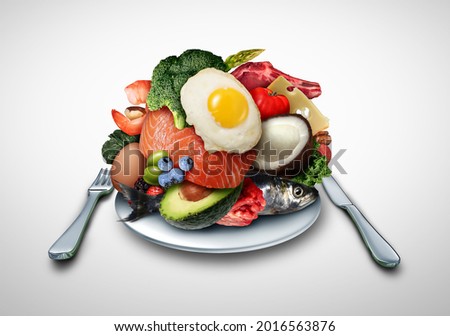 Ketogenic eating and Keto nutrition lifestyle diet low carb and high fat meal as fish nuts eggs meat avocado as a therapeutic snacks on a dish table setting with 3D illustration elements.