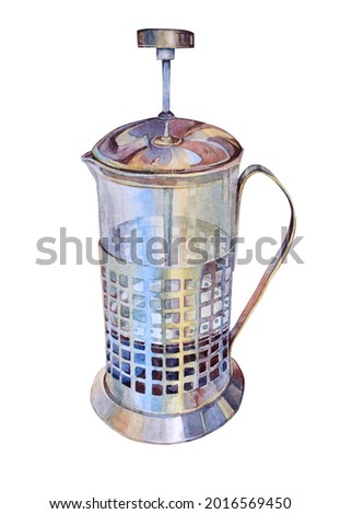 Watercolor golden metal and glass coffee french press for hot aroma beverage isolated on white background. Good morning breakfast with cappuccino for gourmet. Hand-drawn clip art for menu, sketchbook