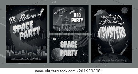 Space Party Posters and Banners, Mid Century Modern Sci Fi Movies Stylization, Flying Saucers, Space Rockets, Planets and Stars Royalty-Free Stock Photo #2016596081