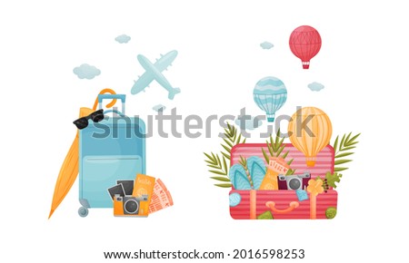 Travel Suitcase and Trunks with Stickers and Vacation Symbols Vector Set