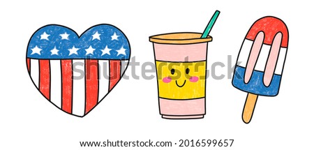 Set of elements sweet food isolated on white background. Pencil hand drawn Illustration. Decor for USA independence day. Popsicle, ice cream, heart in national american colors. 4th of July. Clip art