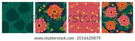 A collection of zinnia flower prints among the foliage. Red flowers and leaves pattern.