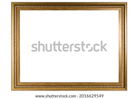 Golden Classic Old Vintage Wooden mockup canvas frame isolated on white background. Blank Beautiful and diverse subject moulding baguette. Design element. use for framing paintings, mirrors or photo.