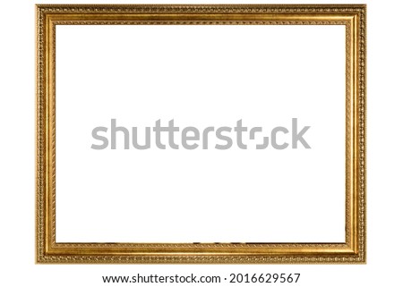 Golden Classic Old Vintage Wooden mockup canvas frame isolated on white background. Blank Beautiful and diverse subject moulding baguette. Design element. use for framing paintings, mirrors or photo.