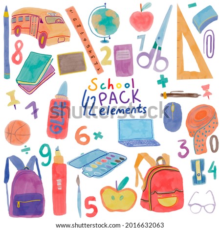 Back to School big collection with different stationery and school supplies. Hand drawn watercolor painting clip art. Elements for design.