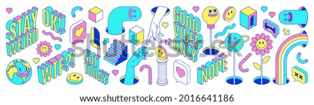 Sticker pack of funny cartoon characters, words and quotes, emoji and surreal elements. Vector illustration. Big set of comic elements in trendy psychedelic weird cartoon style. Royalty-Free Stock Photo #2016641186