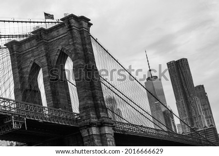 Brooklyn Bridge and Manhattan skyline in black and white, New York, USA.