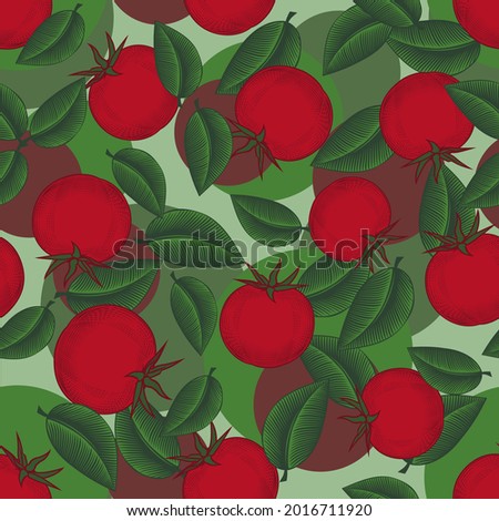 Vegetarian background with vegetables and herbs. Seamless background with red tomatoes and basil. Vintage color engraving stylized drawing. Vector illustration 