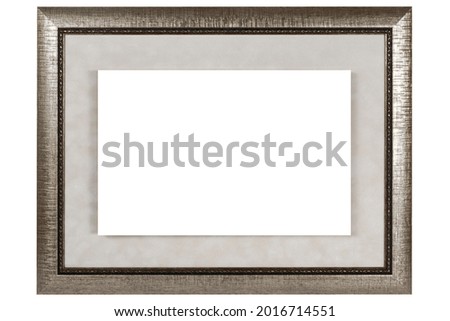 Silver Classic Old Vintage Wooden mockup canvas frame isolated on white background. Blank Beautiful and diverse subject moulding baguette. Design element. use for framing paintings, mirrors or photo.
