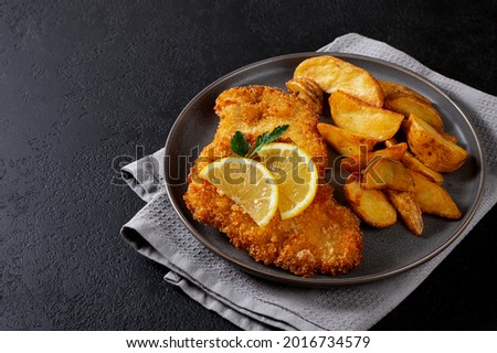 chicken schnitzel with idaho potatoes on a dark plate and a black background, horizontally, space for text on the left Royalty-Free Stock Photo #2016734579