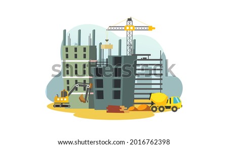 Construction with building crane and excavator illustration