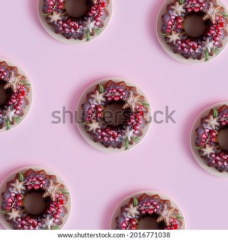 Holiday cakes as minimal pattern at pink background. Top view, flat lay, blank for holiday seasonal banner. Copy space