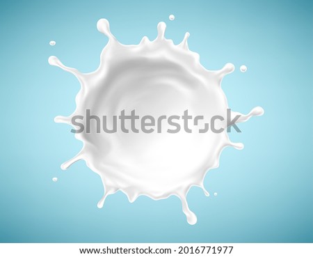 Milk splash isolated on blue background. Natural dairy product, yogurt or cream in crown splash with flying drops. Realistic Vector illustration Royalty-Free Stock Photo #2016771977
