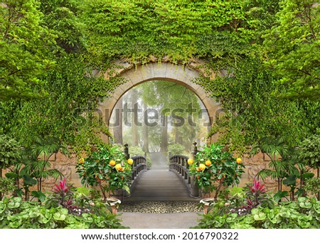 Passage to the summer sunny park through the arch with flowers Royalty-Free Stock Photo #2016790322