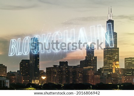 Abstract virtual blockchain technology hologram on Chicago skyline background. digital money transfers and decentralization concept. Multiexposure