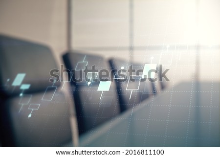 Multi exposure of virtual abstract financial diagram on a modern furnished office interior background, banking and accounting concept