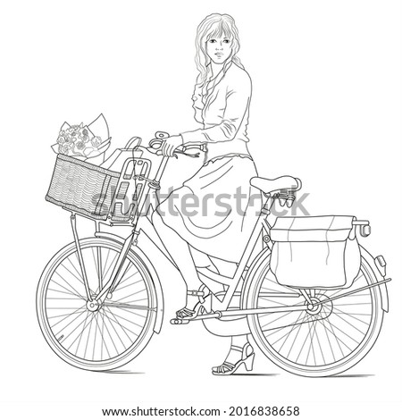 vector image of a girl on a vintage bike. linear icon