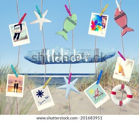 Hanging Holiday Sign  and Summer Objects on Beach