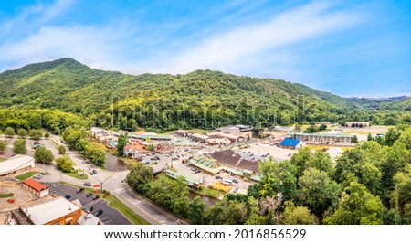 Aerial view of Cherokee, North Carolina. Cherokee is the capital of the federally recognized Eastern Band of Cherokee Nation and part of the traditional homelands of the Cherokee people. Royalty-Free Stock Photo #2016856529