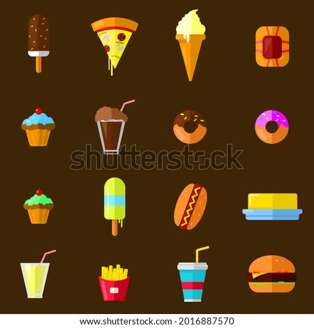 Junk Food Vector Icon Set Collection Flat Color illustration