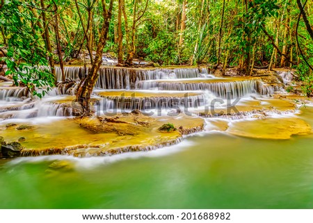 Erawan Waterfall in Kanchanaburi Province, Thailand	Deep forest Waterfall
