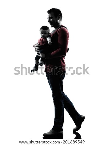 one man father walking with baby in silhouettes on white background