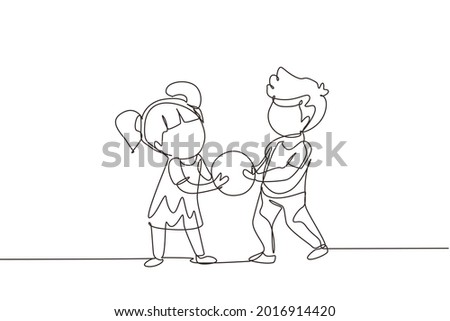 Continuous one line drawing Kids girl and boy brother  sister fighting over a ball. Conflict between children. Kids sibling fighting in playroom because of toy. Single line draw design vector graphic Royalty-Free Stock Photo #2016914420
