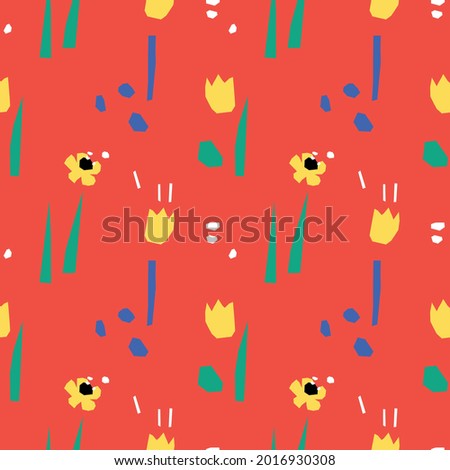 Flowers on a red background. Seamless pattern with floral elements. Background for wallpaper, textile, postcards, wrapping, etc.