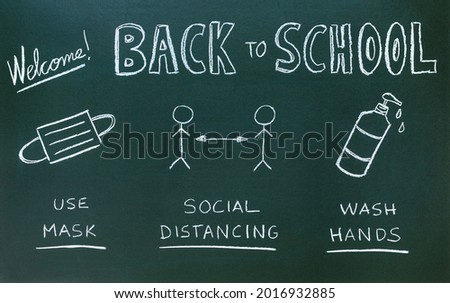 Blackboard written with school rules of coronavirus protection. Back to school concept