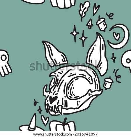 Hand-drawn pattern with cat skull. Halloween pattern with cats.