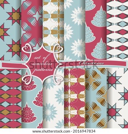 Decorative Christmas trees, abstract patterns, snowflakes, stars. Set of seamless Christmas illustrations. Set of seamless Christmas illustrations.