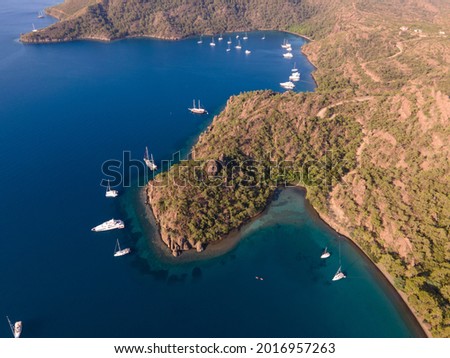aerial bay and boats in turkey. Marmaris aerial shot. beautiful blue sea view from top.