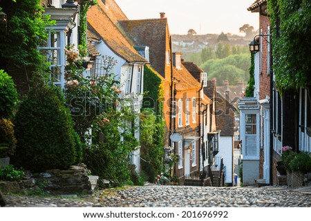 Beautiful evening light on Mermaid Street, Rye, East Sussex, England. The street has buildings dating back to the 15th Century. Royalty-Free Stock Photo #201696992