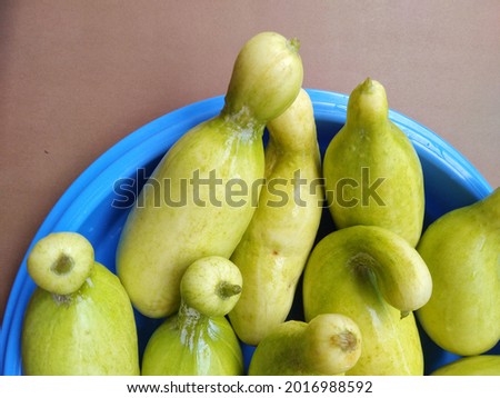 Cucumber in a blue container and a brown background.
