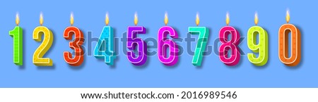 Celebration cake candles burning lights, birthday number and party candle. Birthday anniversary numbers candle. Template set of symbols for invitation to the anniversary. Vector illustration.