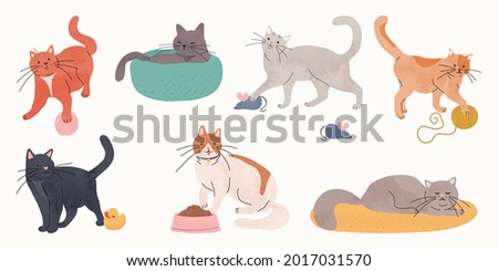 Cute cats watercolor doodle vector set. Cartoon cat or kitten characters design collection with flat color in different poses. Set of purebred pet animals isolated on white background.