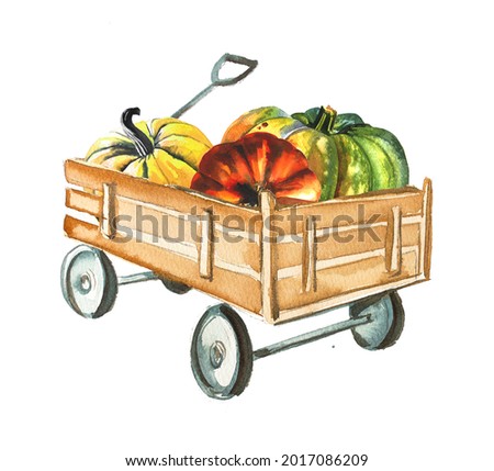 Watercolor composition of pumpkins in the wheelbarrow. Autumn illustration isolated on white background. Fall composition.Halloween and Thanksgiving card.Holiday invitation.