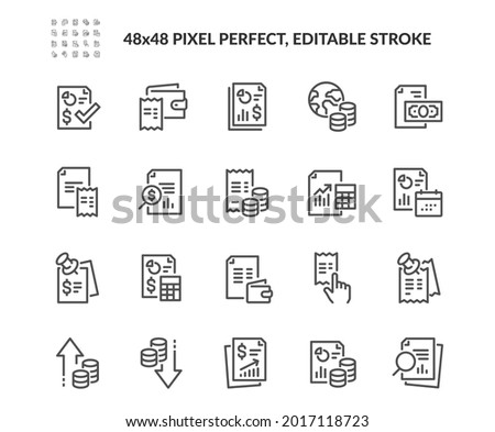 Simple Set of Financial Report Related Vector Line Icons. 
Contains such Audit, Receipt list, Expenses document and more. Editable Stroke. 48x48 Pixel Perfect. Royalty-Free Stock Photo #2017118723
