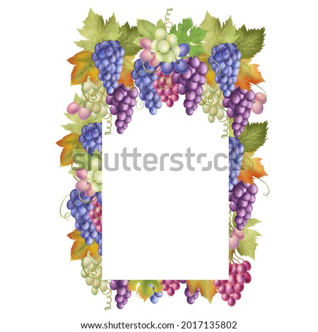 Fall fruit vertical frame of grapes and leaves, hand drawn isolated illustration on white background