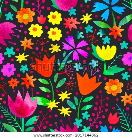 Beautiful decorative colorful flowers on a dark background. Watercolor. Seamless pattern. 