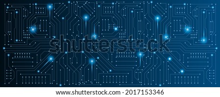 circuit board electronic or electrical line with glow light on blue engineering technology concept vector panorama background Royalty-Free Stock Photo #2017153346