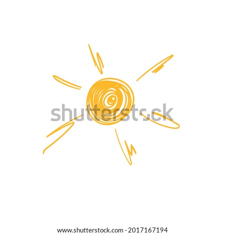 Yellow sun. Summer, sunshine, nature. Vector illustration isolated on white background. Handmade. 