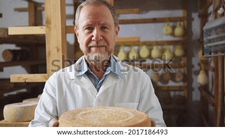 Farm worker adult bearded man holding big cheese round smiling looking at camera. Healthy nutrition concept. Eco business. Milky farm production. Countryside living. High quality photo